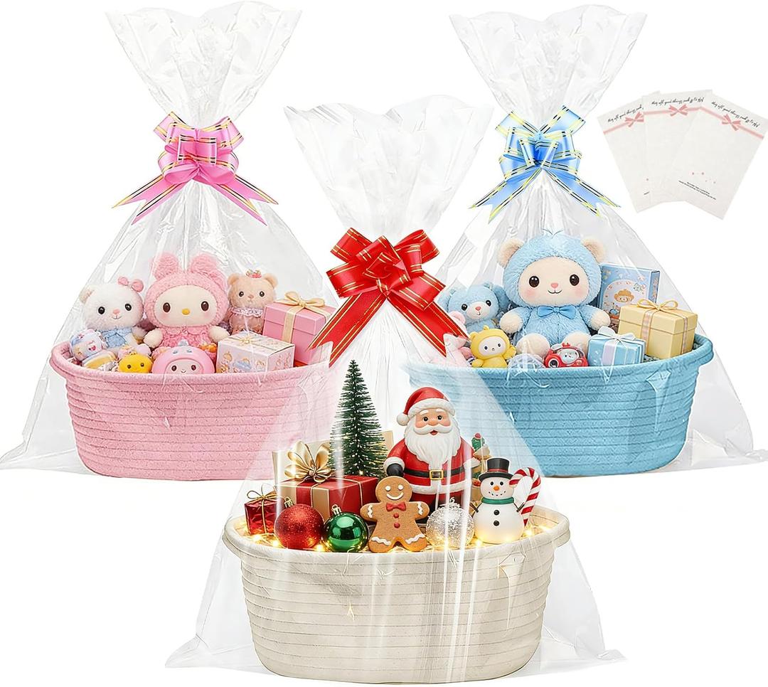 SEISSO 3 Pack Gift Baskets Empty with Gift Bags Ribbon Bows Cards, Small Woven Gift Basket with Handles for Christmas Birthday Thanksgiving Easter Baby Shower Toys, 12"x 8"x 5",White, Pink, Blue