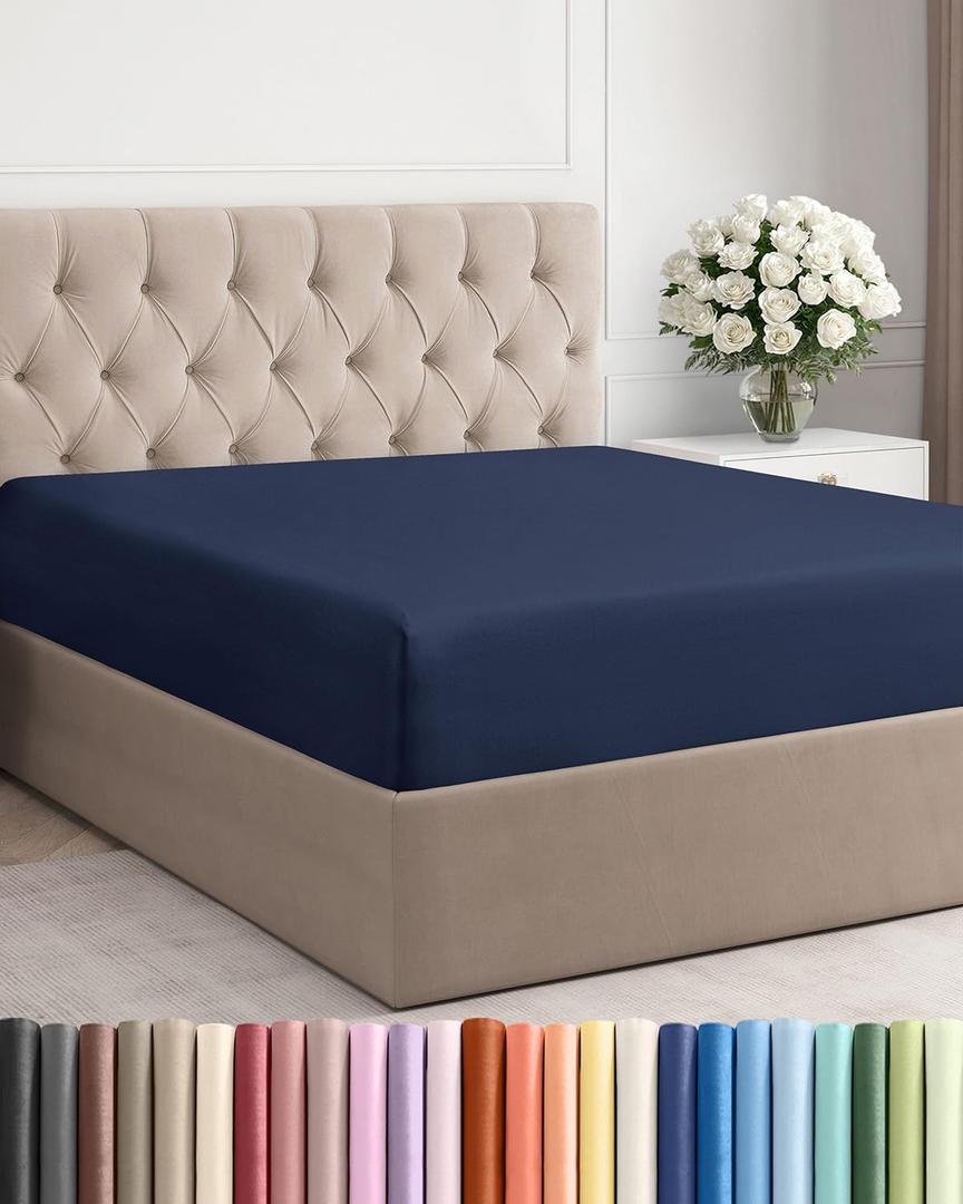 Full Fitted Bed Sheet - Bottom Single Fitted Sheet Only - Ultra-Soft Hotel Luxury Bedding w/ 8-16 Inch Deep Pockets - Breathable, Cooling & Wrinkle Free - Easy-Fit, Fade & Shrink Resistant - Navy Blue