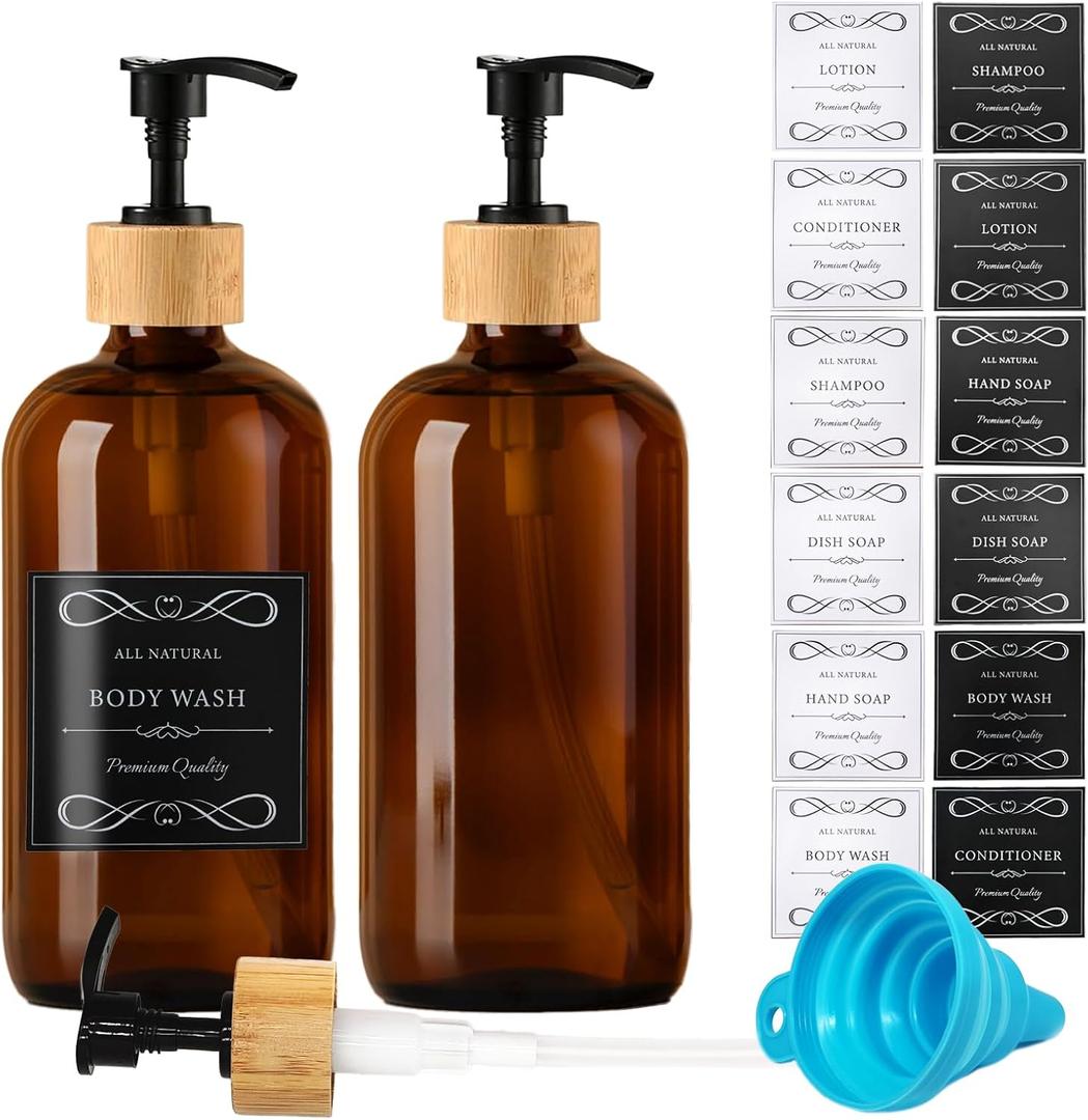 16oz/480ml Amber Glass Soap Dispenser Set, 2 Pack Dish Hand Soap Dispenser for Kitchen Bathroom, Clear Liquid Soap Bottle Dispenser with Bamboo Pump, Waterproof Labels, Funnel