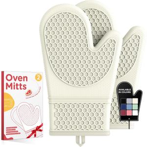 Kitsure Silicone Oven Mitts, Set of 2, Heat Resistant, Oven Gloves with Soft Lining, Non-Slip Kitchen Essentials, Kitchen Gadgets, Apartment Essentials, Great Gift for Cooking, Baking, Beige (11.42"x7.09")