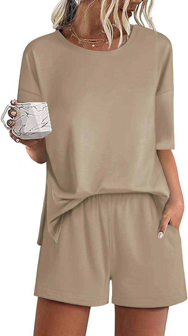 Ekouaer Pajamas for Women Set 2 Piece PJ Soft Comfy Lounge Sets Short Sleeve Tops Shorts Sets Cotton Sleepwear L(Khaki)