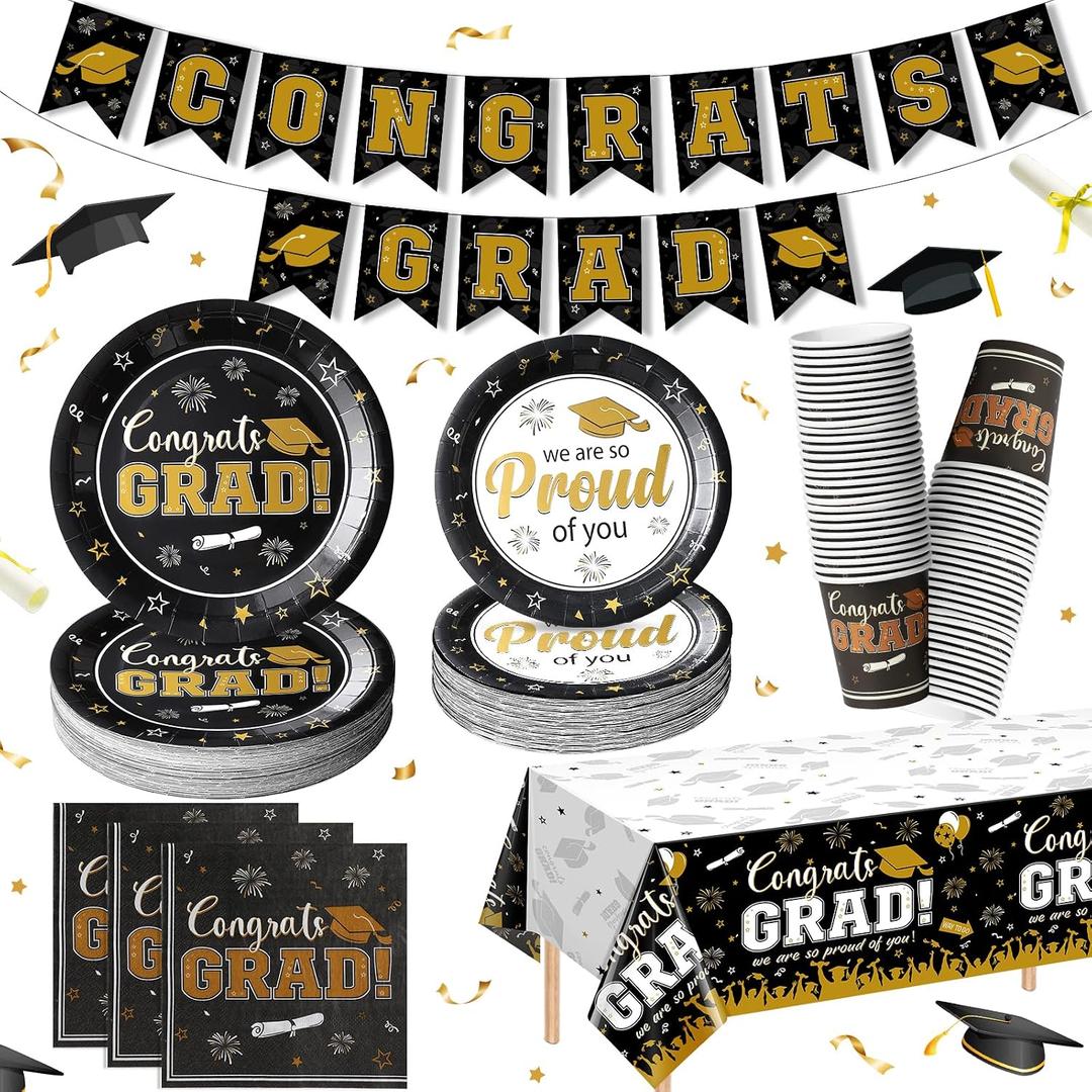 Graduation Plates and Napkins Set Serve 50, Class of 2026 Graduation Party Dinnerware Set, Black and Gold Disposable Paper Plates Napkins Banner Tablecloth for Graduation Congrats Grad Party Supplies