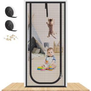 Upgraded Reinforced Cat Screen Door, 38x83'' Heavy Duty Pets Proof Screen Door with Two Way Zips, Prevent Dogs Cats Running Out from Home, Bedroom, Living Room, Kitchen Patio Door (38x83 inch, Standard)