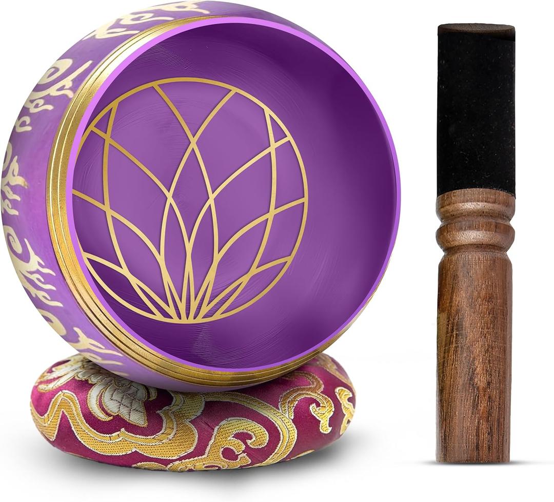 Tibetan Singing Bowl Set - 4" Easy To Play Authentic Handmade For Meditation Sound 7 Chakra Healing By HIMALAYAN BAZAAR (Purple, 4")