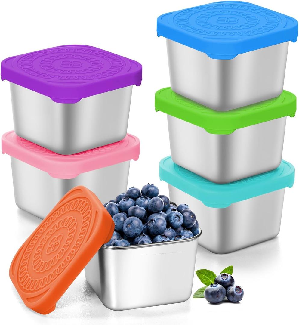 tchrules 6 PCS Mini Stainless Steel Snack Containers with Lids for Kids, 6 oz Small Leakproof Snack Box Container for Toddler, Reusable Metal Food Storage Lunch Box To Go for School Daycare Picnic