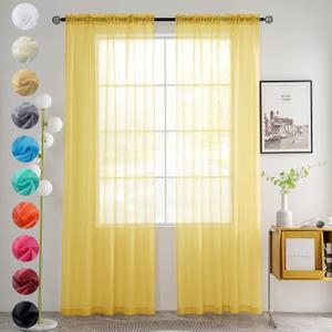 youleyar Solid Sheer Rod Pocket Curtain Voile Draperies 2 Panels White Beige Black Grey Coffee 52 Inch Width 45 Inch Long 1 Pair for Kitchen Bedroom Children Living Room Yard (Yellow,52W45L)