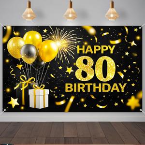 IVN Happy 80th Birthday Banner 71x43 Inch Black Gold Eighty