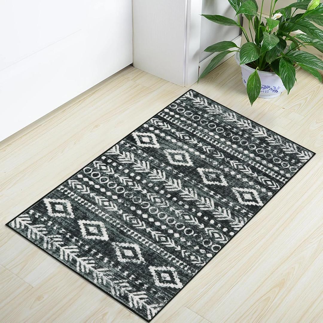 Lahome Moroccan Small Rug 2x3, Black and White Non-Slip Washable Indoor Front Door Mat with Rubber Backing, Low-Profile Modern Farmhouse Boho Area Rug for Entryway Bathroom Kitchen Decor Varena