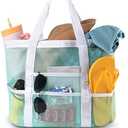 Genteen Mesh Beach Bag,Large Beach Totes for women Large Foldable Mesh Swimming Pool & Vacation Essentials Bag (Green White)