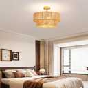 18" Boho Semi Flush Mount Ceiling Light Gold Rattan Ceiling Light Farmhouse Ceiling Lamp with Natural Hemp Rope Lampshade for Dining Room Living Room Bedroom Kitchen