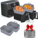 Silicone Air Fryer Liners for Ninja - Reusable DZ201 8QT Dual Basket - Rectangular 2-Pack Vacuum-Packed Easy-Clean Dishwasher-Safe Food-Safe for Home Chefs - Christmas & Housewarming Gifts (Gray)