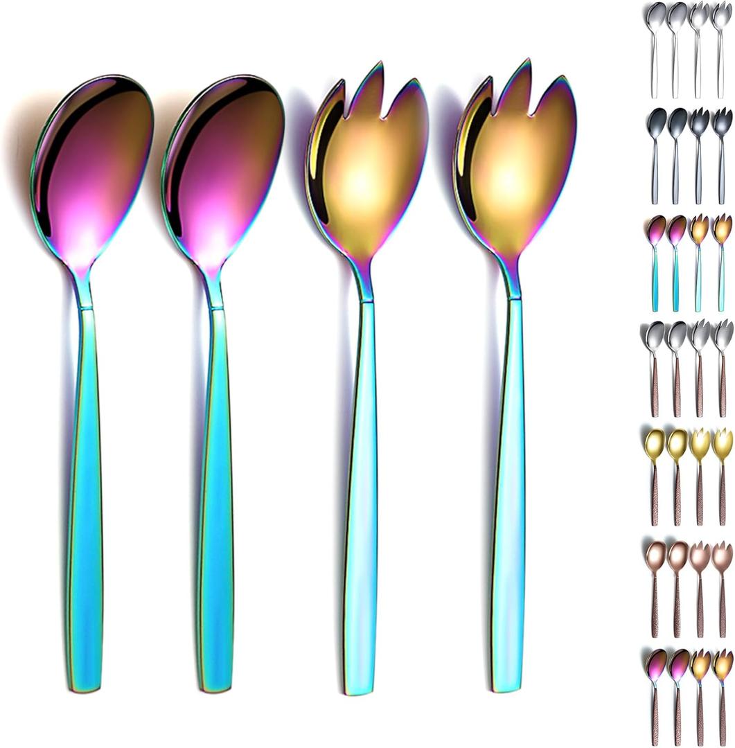 Evanda Rainbow Salad Server Set 4 Pieces, Titanium Rainbow Plating Stainless Steel Salad Serving Set, Salad Spoon, Salad Servers, Salad Fork, Dishwasher Safe