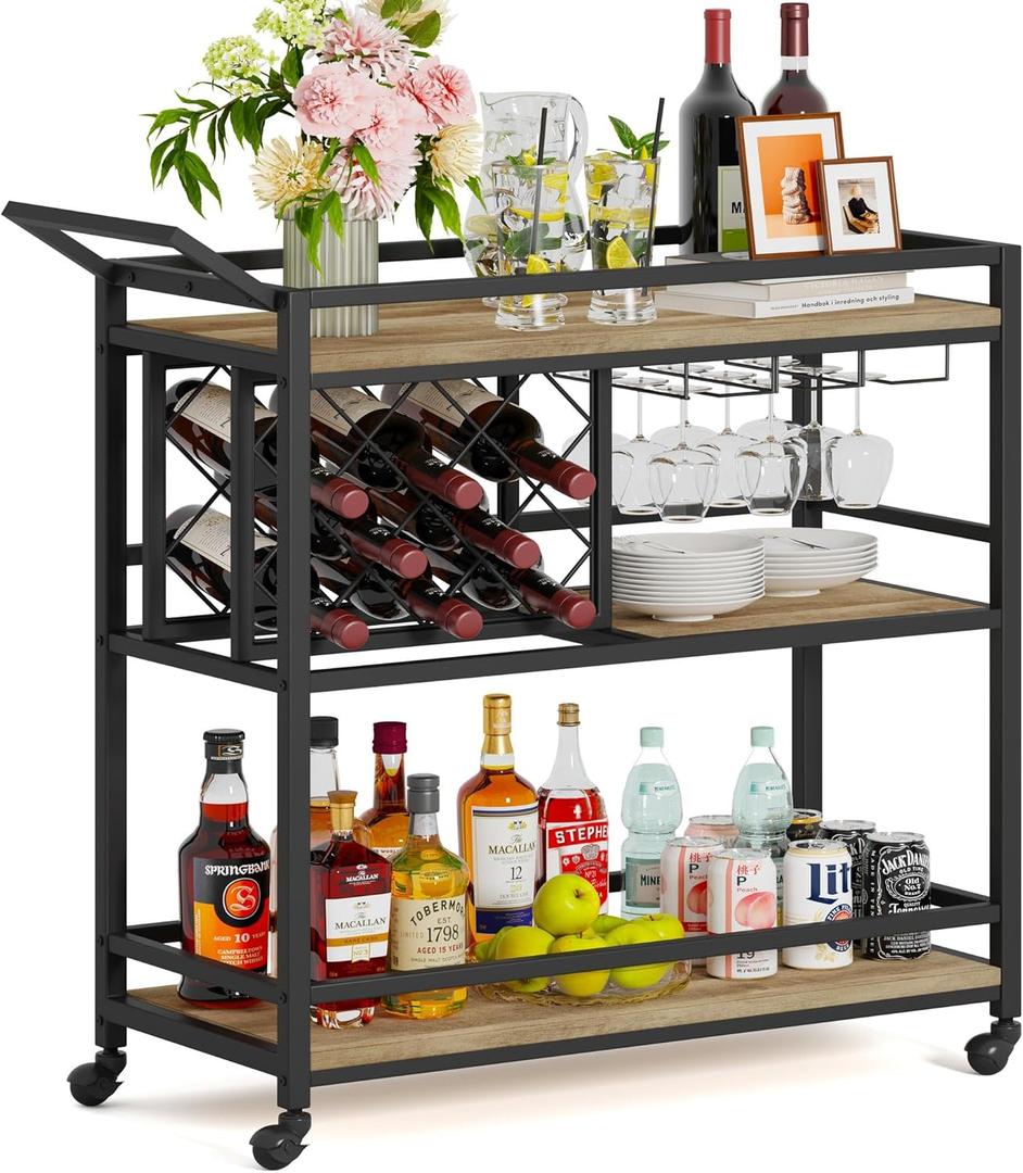 FATORRI Bar Cart for The Home, Rolling Wine Carts on Wheels with 3 Tier Wood Shelves, Liquor Beverage Cart with Wine Rack and Glass Holder (Rustic Oak)