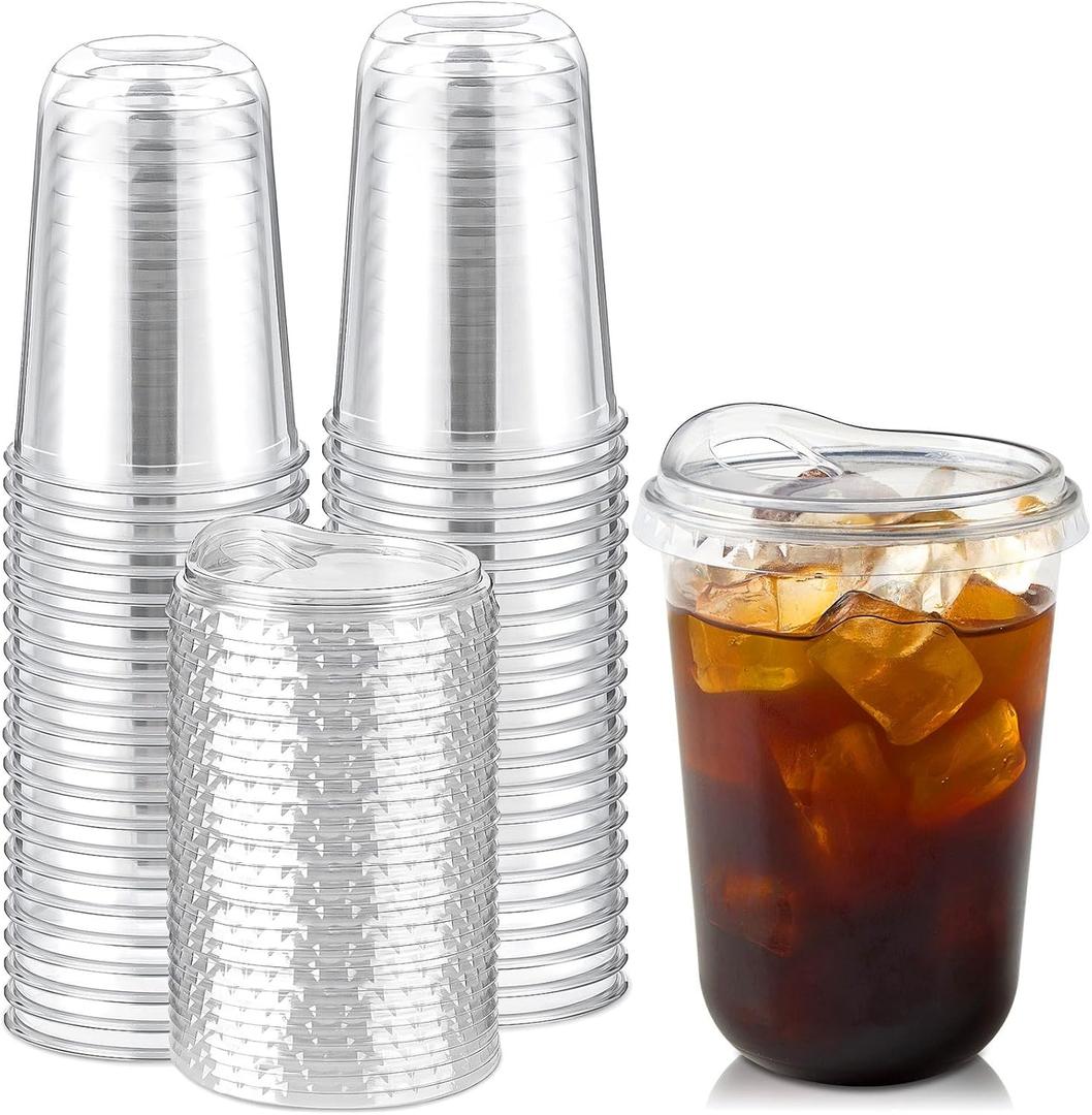 Round Bottom Clear Plastic Cups with Sip Lids, 50 Sets, 16 Oz Disposable Iced Coffee Cups with Strawless Lids To Go Cold Drink Cups for Smoothies, Juices, Party Catering