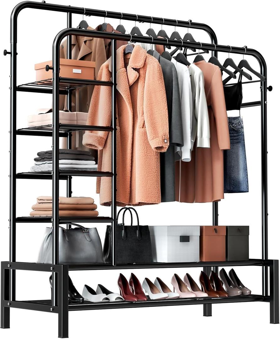 Clothes Rack, Double Rods Clothing Rack with 2 Bottom Shelves & 4 Side Shelves, Metal Garment Rack for Hanging Clothes, Heavy Duty Clothes Rack for Bedroom, Laundry, Living Room, Black
