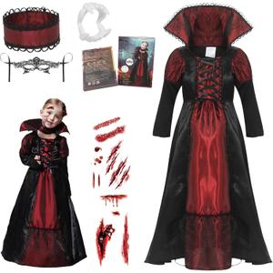 Girls Halloween Costume Royal Vampire Dress Up Child Vampire's Role Play Cosplay Outfits (4-6 Years, Black)