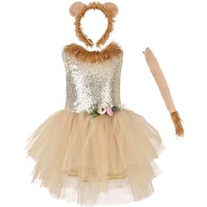 IWEMEK Toddler Girls Sequin Lion Tutu Dress Halloween Costume Fancy Cosplay Dress up Animal Theme Ruffle Tulle Short Tiered Gown Birthday Outfit Lion Headband Tail Set Sequined Lion 18-24 Months