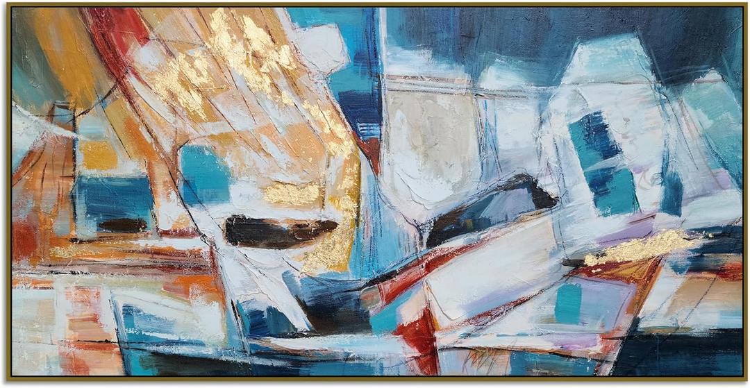 Yihui Arts Abstract Canvas Wall Arts Hand Painted Oil Paintings with Gold Foil and Floating Frame (32"L x 16"W)