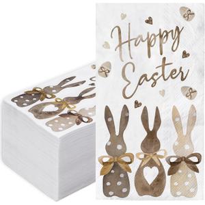 6 x 100 Pcs Happy Easter Napkins Bunny Print Paper Guest Napkins Easter Rabbit Decorative Hand Towels Spring Disposable Beverage Dinner Napkin for Bathroom Party Tableware Supplies (Brown)