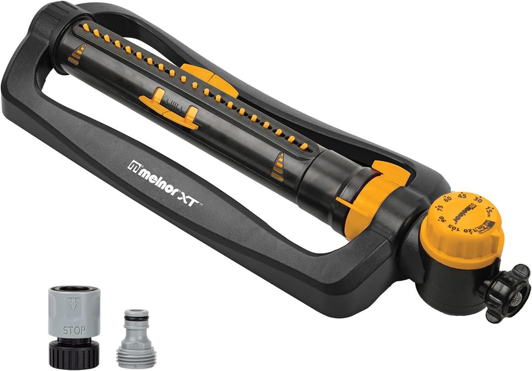 Melnor 65133AMZ XT Turbo Oscillating Sprinkler W/Timer, 4,500 sq. ft., Quick Connect Bundle, 2-Way Adjustable, Black, Yellow (2-Way Adjustable With Timer)