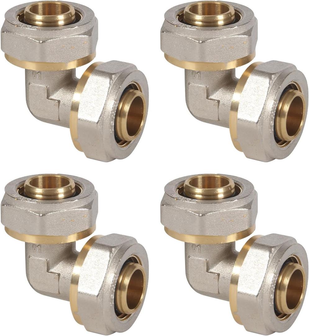 4 Pack 3/4'' Elbow Air Piping Fittings 3/4'' x 3/4'' Tubing Brass-Nickel Plated Equal Elbow Tubing Fittings for Shop Garage Compressed Air Line System Kit Air Compressor Accessories