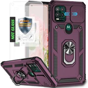 AYMECL Case for Moto G Stylus 5G (2021) with Slide Camera Cover and [2 Packs] Explosion-Proof Film, Built-in 360 Rotating Ring Stand Magnetic Cover for Motorola Moto G Stylus 5G 6.8 Inch - Wine Red