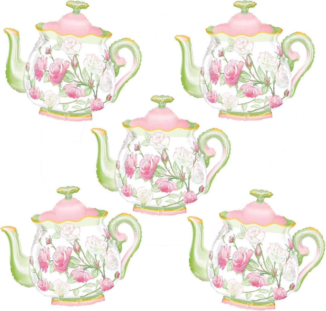 5Pcs Teapot Balloon | Giant 31 Inch Teapot Foil Balloons | Pink Green Let's Par Tea Balloons | Tea Party Decorations | Garden Tea Paty Decoration | Lets Par-Tea Baby Shower Tea Party Birthday Dcor