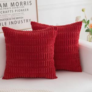 Corduroy Christmas Decorative Throw Pillow Covers, Boho Stripe Soft Square Cushion Case Home Decor for Living Room Couch Bed Sofa, Set of 2 Pack, Red, 18x18 Inch