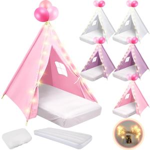 6 Pack Sleepovers Teepee Tent for Kids Bulk with Mattress Sheet Light,Natural Cotton Washable Indoor Play Tent for Birthday Slumber Party Girls Boys Pajama Movie Night Supplies(Pink, Purple, White)