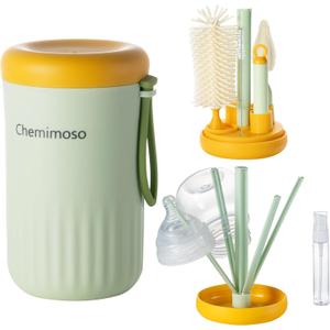 Chemimoso Travel Silicone Baby Bottle Cleaner Brush Set, Foldable Baby Bottle Drying Rack, Essential Cleaning Set for Outdoor Travel, Orange and Green