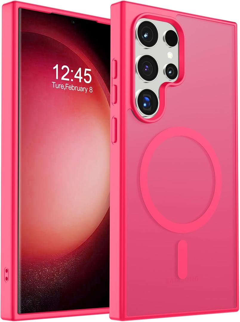 SUPFINE Magnetic for Samsung Galaxy S23 Ultra Case, (Built-in Magnets) (Military Grade Drop Protection) Slim Translucent Shockproof Phone Case,Hot Pink