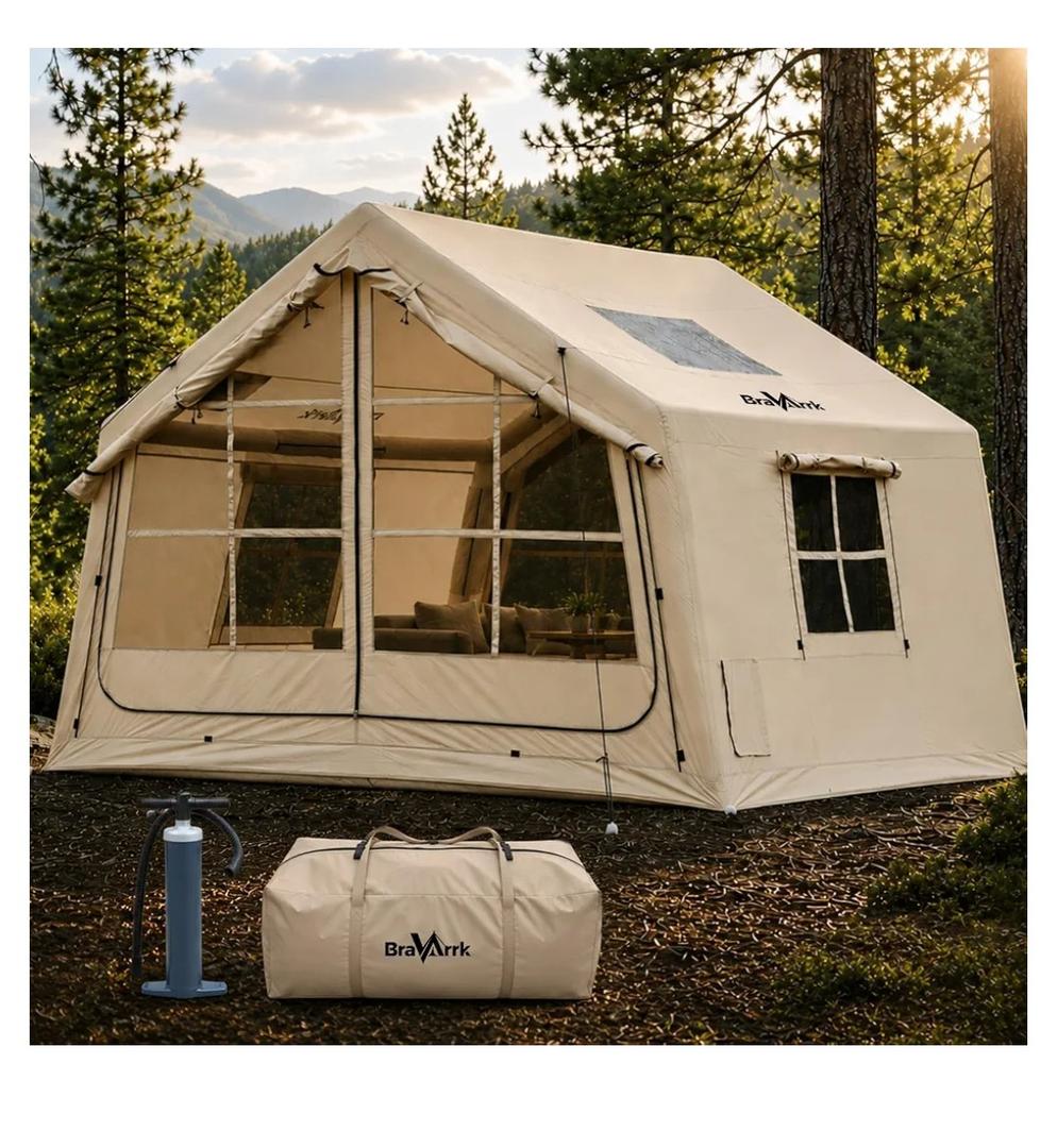6-8 Person Inflatable Tent for Camping with Skylight & Stove Jack-125×96.5Waterproof Oxford fabric, PU3000mm, with manual pump, privacy curtain, Hot Tent,cabin style air tent,mesh ventilation