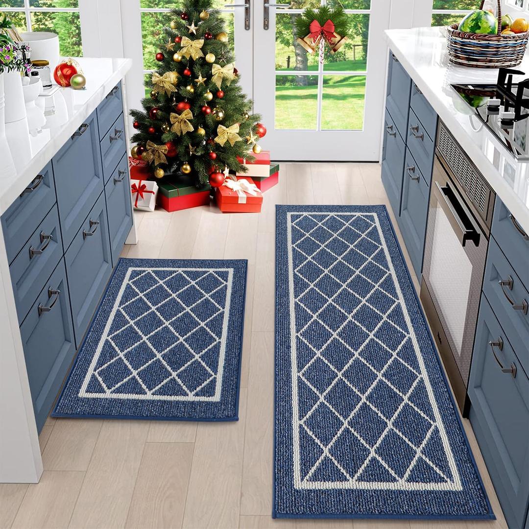 BEQHAUSE-Kitchen-Rugs-Washable-Kitchen-Mats-for-Floor Non-Slip Kitchen Mats Set of 2 Absorbent Kitchen Runner Navy Blue with TPR Backing 20x30inch/20x48inch