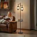 Farmhouse Floor lamp with Table, Double Head Vintage Floor Lantern, Standing lamp for Living RoomBedroom, Rustic Floor Lamp with Silver Finish