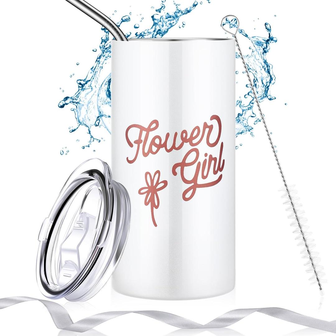 Yungyan Flower Girl Gift Cup Flower Girl Tumbler Water Bottle with Straw, Cleaning Brush, Ribbon for Wedding Proposal Valentine Party Gift from Bride(White,1 Set)