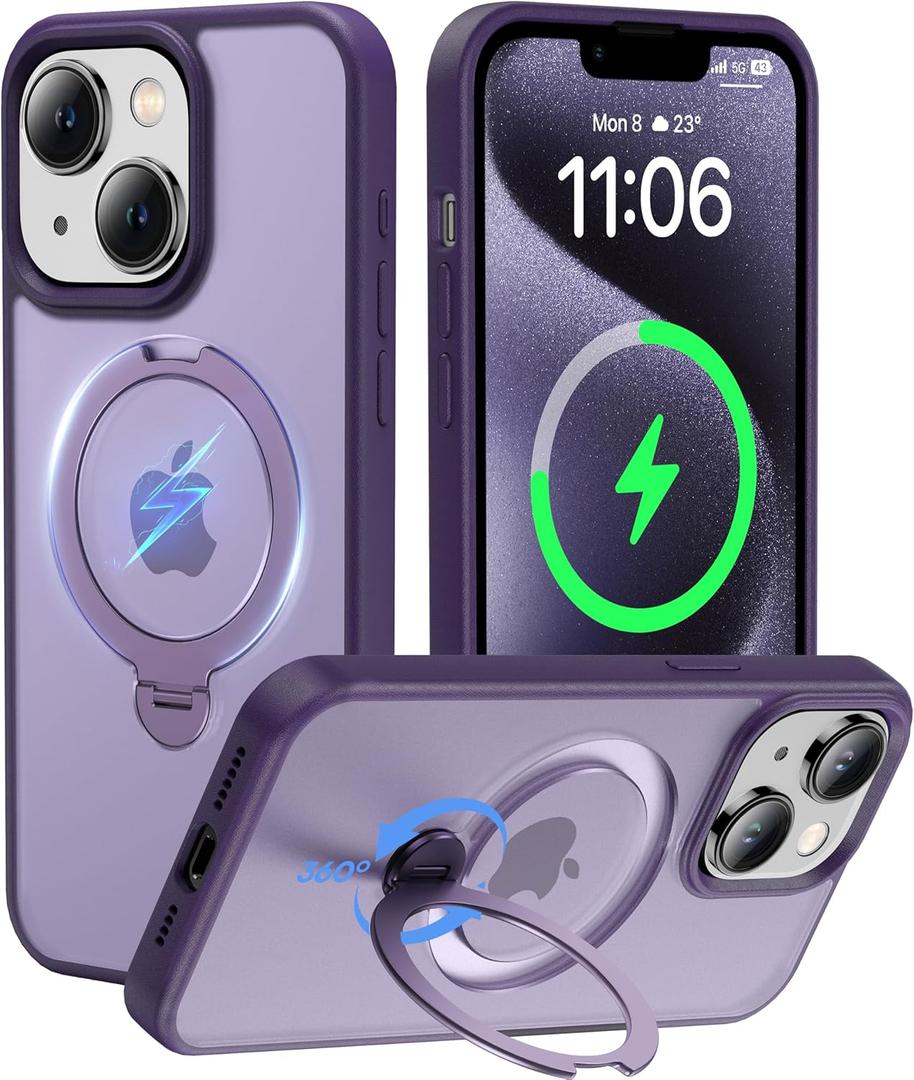 2024 New Upgrade 360 Spin Titanium Magnetic Stand for iPhone 13 Case [16FT Military Grade Shockproof] [Fit for MagSafe] Matte Translucent Slim Kickstand iPhone 13 Phone Cover 6.1'', Purple