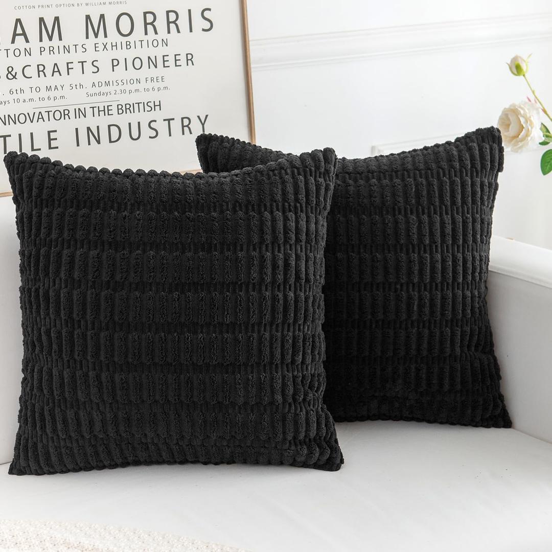 Corduroy Decorative Throw Pillow Covers, Boho Stripe Soft Square Cushion Case Home Decor for Living Room Couch Bed Sofa, Set of 2 Pack, Black, 22x22 Inch