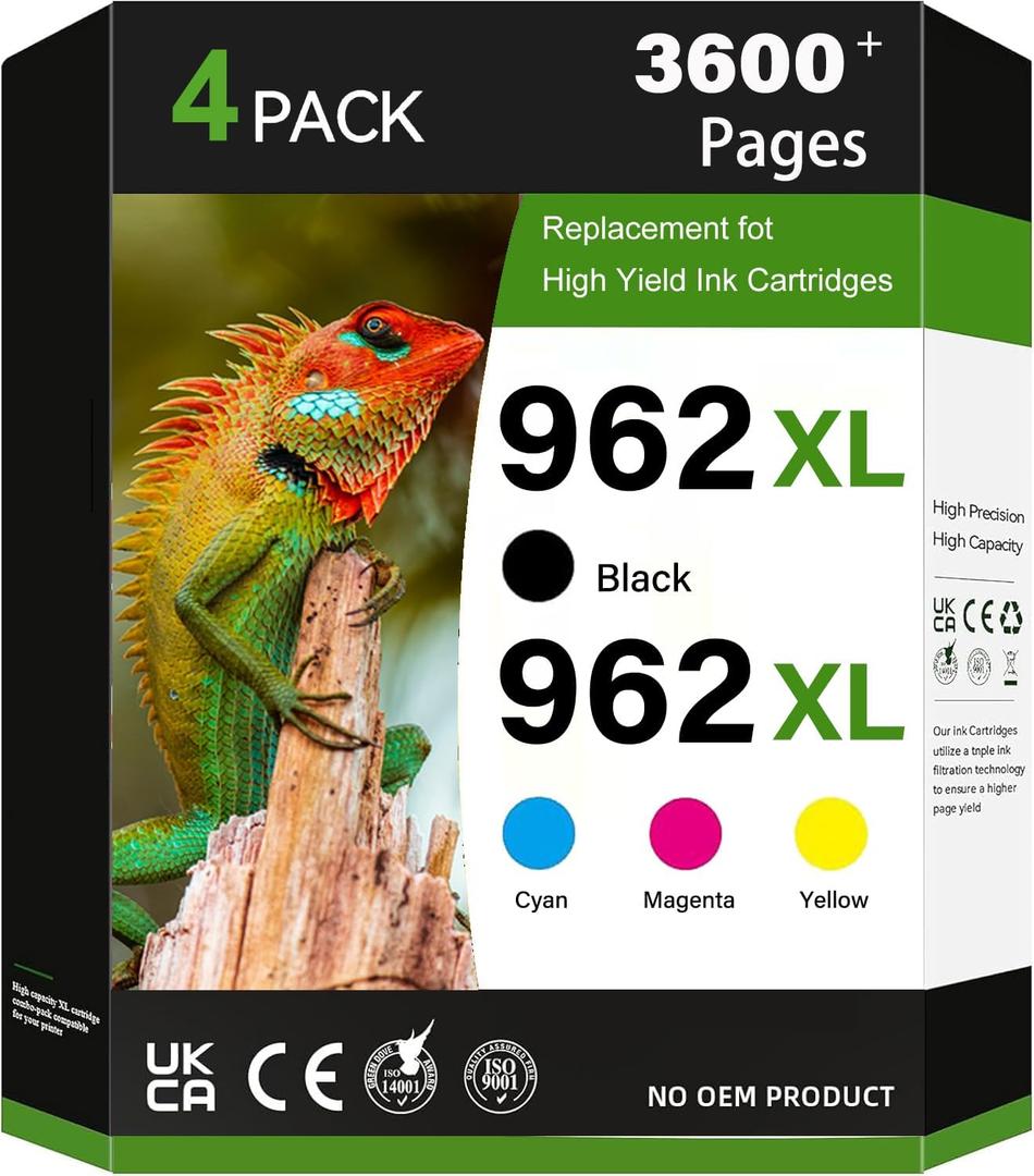 962XL Ink Cartridges, Compatible for HP 962XL Ink Cartridges Combo Pack, for HP OfficeJet Pro 9010 Series, 9020 9015 9018 9025 9012 9014 9016 9019 9022 9026 Printer, 4 Pack (Black,Cyan,Magenta,Yellow)