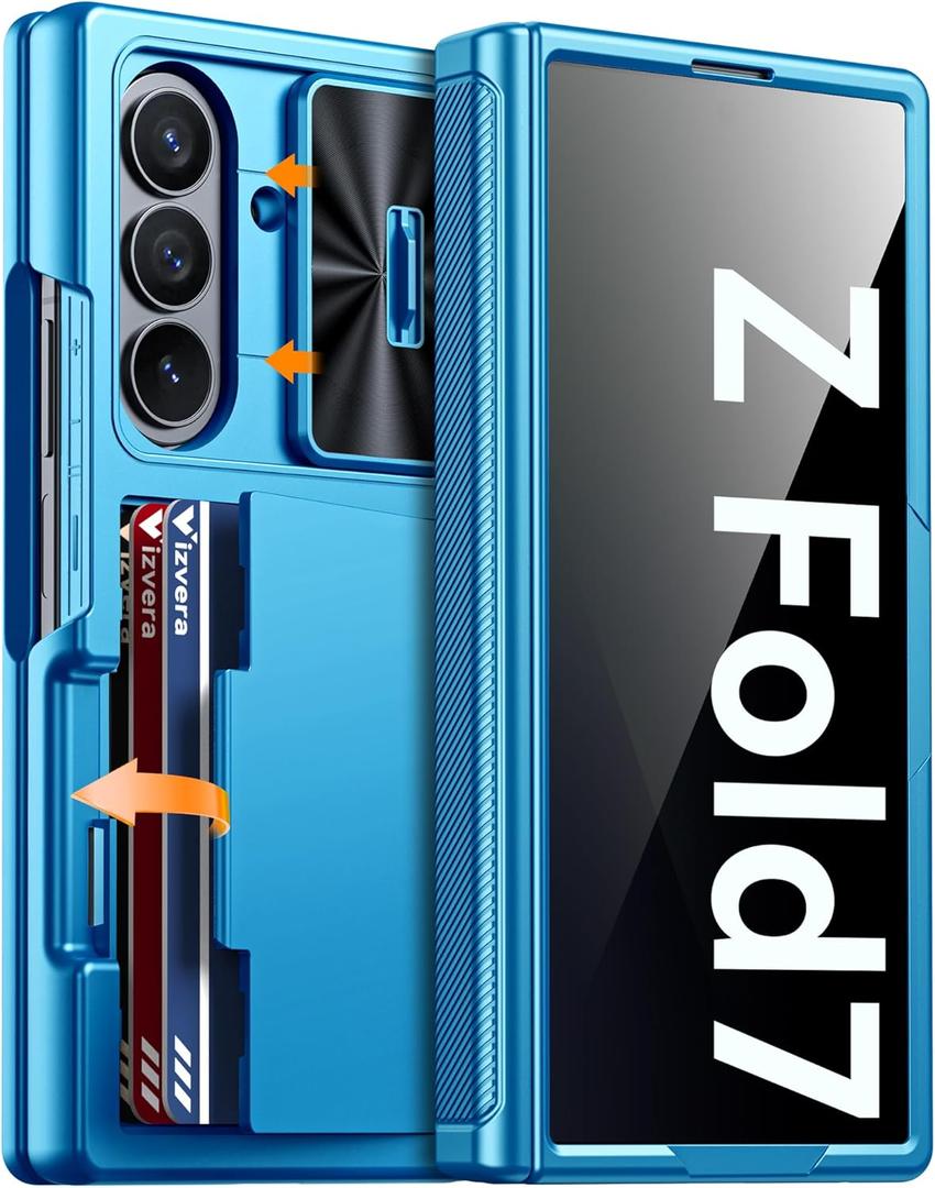 Vizvera for Galaxy Z Fold 7 Case Wallet,RFID Cards Holder [Privacy Screen Protector][Camera Cover] Shockproof Silicone Protective Phone Case for Z Fold 7 2025-Lake Blue