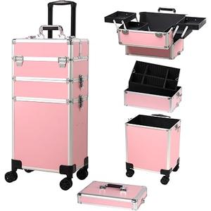 Rolling Makeup Case, Cosmetology Case on Wheels with Large Storage, Durable Design, Ideal Gift for Makeup Artists, Hairstylists, Nail Techs, Portable Beauty Organizer for Travel or Salon Use, Pink