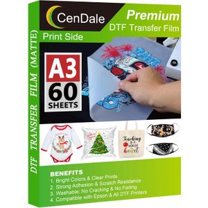 CenDale DTF Transfer Film - A3 (11.7" x 16.5") 60 Sheets Double-Sided Matte Clear PreTreat Sheets- PET Film Sheets DTF for DIY Direct Print on T-Shirts Textile
