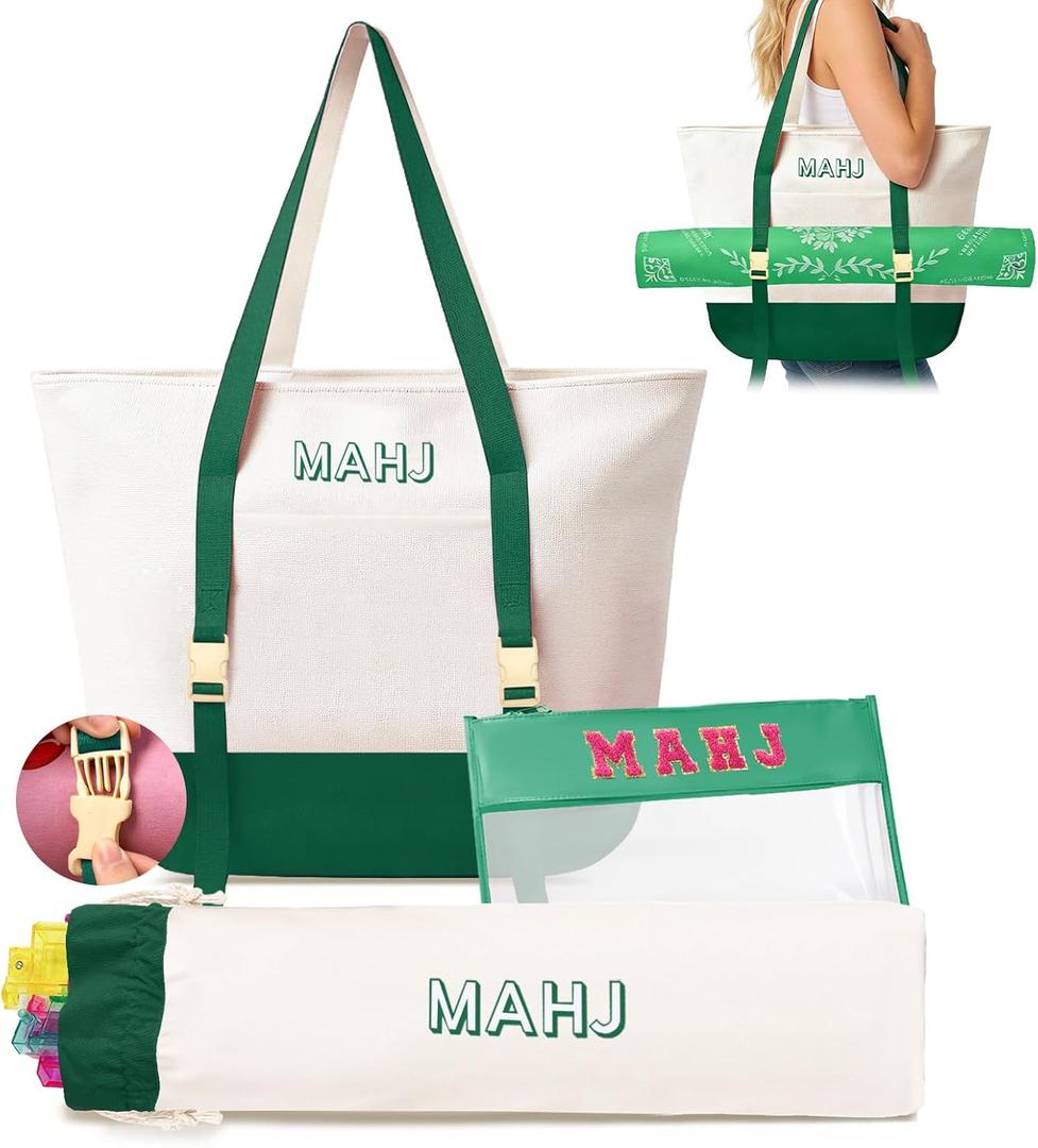 Mykng Nzw Empty Mahjong Tile Bags Set for American Tiles and Racks, Canvas Tote Bag with Mat Holder Accessories Organizer, Portable Mahjong Case Drawstring Protective Sleeve for Rack Pushers, Green