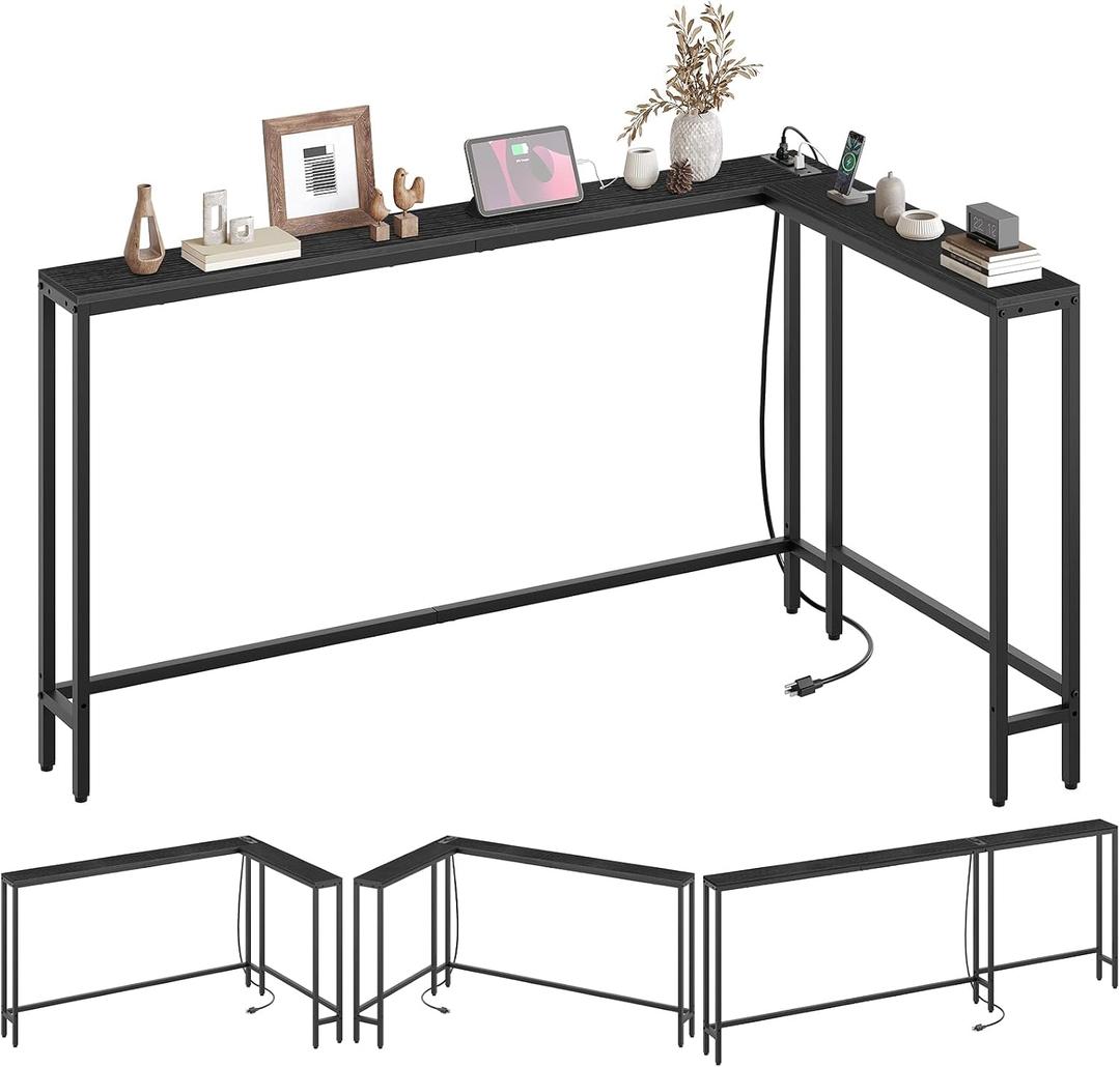 YATINEY Narrow Console Table with Outlets, 78.7" Sofa Table Narrow Long, L Shaped Behind Couch Entryway Table with Charging Station, for Living Room, Hallway, 3 Assembly Options, Black CT17UBB, 78.7"L x 5.9"W x 29.5"H