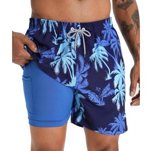 APTRO Men's Swim Trunks with Compression Liner 5 Inch Bathing Suit Beach Swimsuits (Large, M01 Palm Blue)