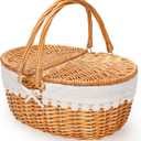 Wicker Picnic Basket with Removable Liner, Empty Picnic Baskets with Lid, Vintage-Style Picnic Hamper with Folding Woven Handle for Picnic, Camping, Outdoor, Halloween, Thanks Giving, Birthday (Cream)