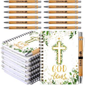 Resurhang 12 Sets 24 Pcs First Communion Notebook Christian Gifts 5.5 x 4.3'' God Bless Spiral Notebook Ballpoint Pens for First Holy Communion Religious Souvenir Baptism Church Accessories