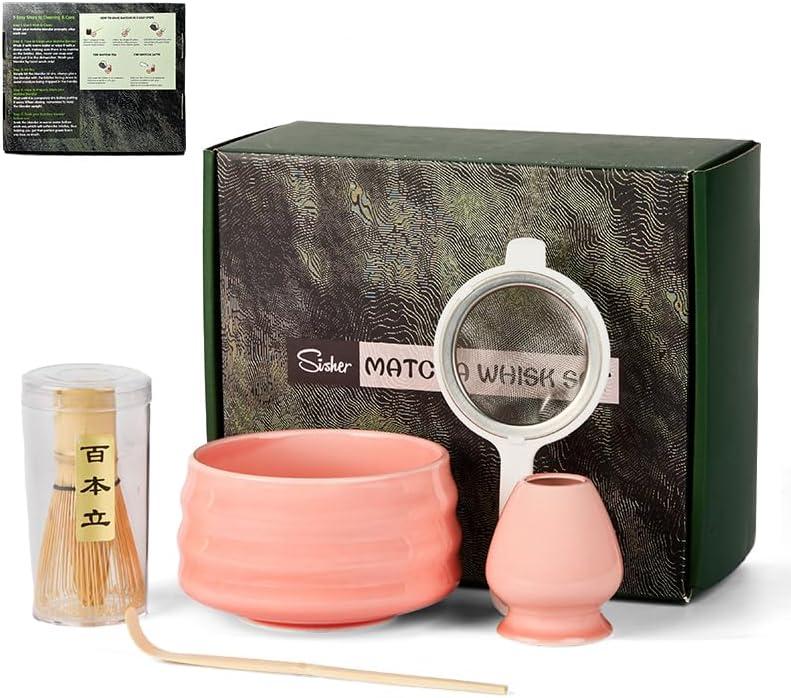 Sisher Pink Matcha Whisk Set - 5 Piece Ceramic Japanese Matcha Tea Set with Bamboo Whisk (Chasen), Bowl (Chawan), Holder & Scoop - Cute Matcha Making Starter Kit & Tea Gifts for Women