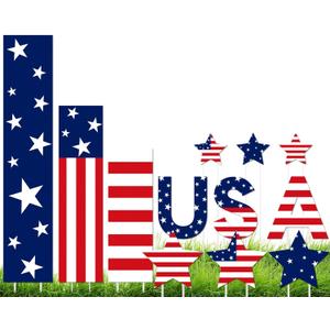 Wenqik 12 Pcs 4th of July Yard Signs Memorial Day Outdoor Signs Decorations Patriotic Yard Stake Stars and USA Letter Patio Sign with Stakes for Independence Day Patio Walkway Pathway Lawn Decorations