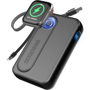 GOODaaa Wireless Watch Power Bank 10000 mAh with Two Integrated Cables 22.5 W Fast Charging Portable Charger External Mobile Phone Battery with LED Display Compatible with Apple Watch and Smartphones