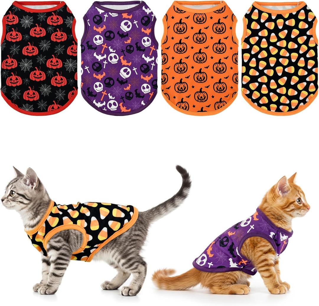 4-Pack Halloween Themed Dog Shirts Puppy Pumpkin Pattern Tank Tops Cute Skull Corn Candy Style Outfits for Small Boy Girl Puppy Festival Costume for Small Medium Dogs M
